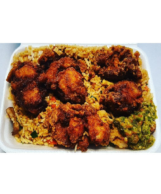 Riz cantonais, poulet croustillant